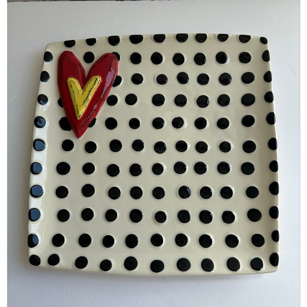 New! Tracy Pesche Heartful Home Stoneware Platter for Demdaco Black Polka Dot